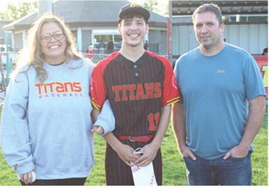 Titan Senior Julien Basuari was recognized during Senior Night recognition, Friday, at Bomber Field. Julien has been a member of the Titan Baseball Team for one year. He was escorted by his parents Misty and Justin Smith.