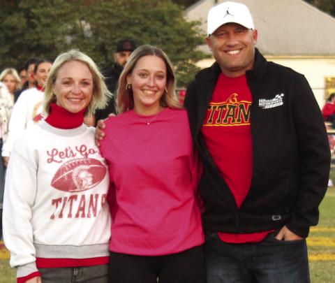 Lady Titan Senior, Lia Dufraisse, was recognized on Senior Night at Titan Stadium, October 13. Lia was manager for the Lady Titan Volleyball Team for one year. She was escorted by her host parents, Bailie and Jacob Saiz. Her parents are Oliver Dufraisse and Sylvaine Ebely.