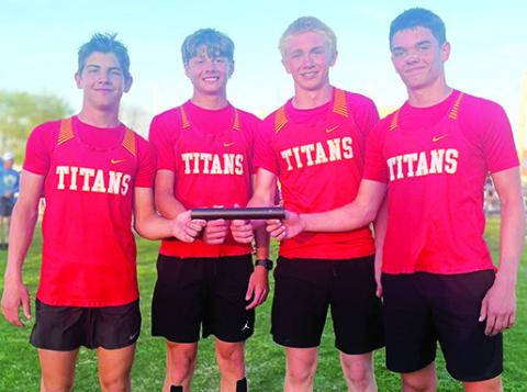 The Titan Eighth Grade Boys set a new mark of 4:00.49 minutes, in the 4x400 Meter Relay, improving on the record, 4:01.3 minutes, they set last week at the Galena Invitational Meet. The team has three meets remaining before the CCCJ League Meet, April 28 to continue to improve on their time. Courtesy photo.