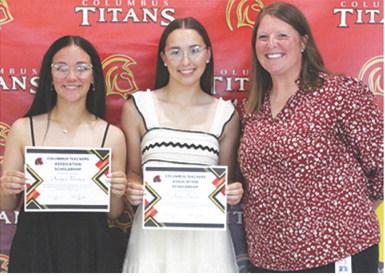 Katy Mooney and Torey Tedlock each received a $300 Columbus Teacher’s Association Scholarship during the 2025 Senior Assembly at the Columbus Unified High School Gymnasium, May 16. Incoming CUHS Principal, Anna Moser presented the scholarships.