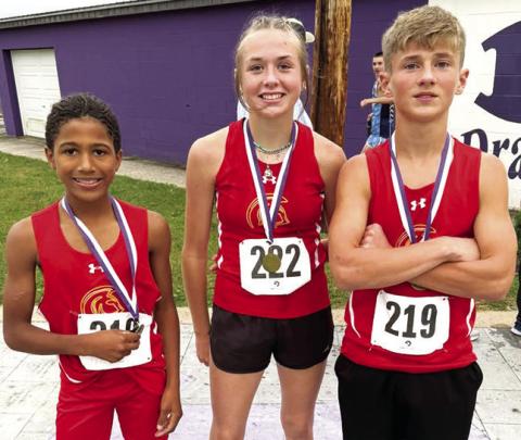 Medalists in the Pittsburg Middle School Cross Country Race, Tuesday were: Kai Davis, second place, seventh grade boys; Sammi Ohmart, fifth place, eighth grade girls; and Eli Engelman, seventh place, eighth grade boys. Courtesy photo.