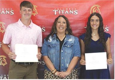 Jace Midgett and Brylie Johnson were each awarded a $150 Difference Maker Scholarship during the 2025 Senior Assembly at the Columbus Unified High School Gymnasium, May 16. Kerri Matson presented the scholarships.