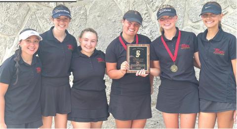 The CUHS Lady Titan Golf Team placed second in an 11-team tournament in Carl Junction, Missouri, Monday. Columbus outpaced nine of the ten Missouri Teams on their way to runner-up behind Carthage, Mo. in the 18-hole tournament at Briarbrook Country Club. Team members are: Hannah Noel, Natalie Wary, Amory Neely, Fallon Smiley, Cali Carpino, and Addison Johnson. Courtesy photo.