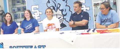 Lady Lancer Seniors, Teagan Warner and Eliz White have committed to continue their athletic careers at the college level next season. Teagan will be playing softball at Cottey College and Eliz is heading to Pittsburg State University for track and cross country. The girls were joined by their parents at a signing ceremony, April 22, at Southeast High School. Kaley Warner, Teagan, Eliz, John White, and Maya White.