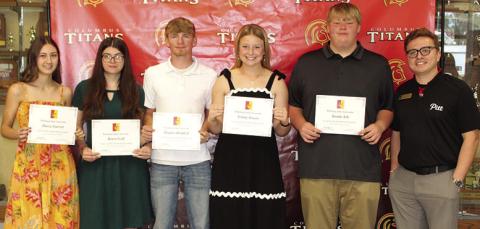 Columbus Unified High School Senior Students receiving the Great Gorilla Scholarship from Pittsburg State University Representative, Colin Coronado are: Darcy Garrett ($3,000), Kiara Goff ($1,500), Hunter Ruddick ($3,000), Trinity Green ($4000), and Austin Ash ($1,500). The scholarships were awarded at the CUHS Senior Assembly, May 15, at the high school gymnasium. Trinity Green also received a PSU Gibson Brunson Scholarship in the amount of $700.