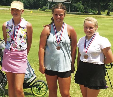 Cali Carpino, Fallon Smiley, and Avery Neely, placed second, third and fourth in the Girl’s 12-14 age division of the Independence Junior Golf Tournament, Thursday. Avery S. from Coffeyville, took first place, shooting 55 in nine holes. Courtesy Photo.