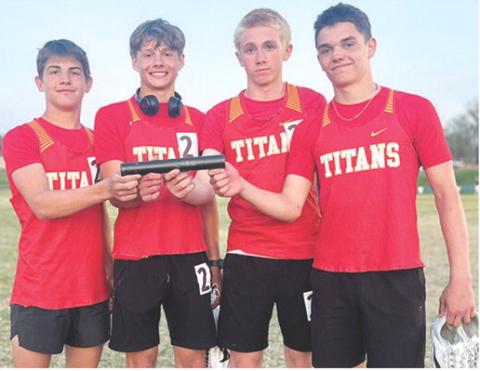 The Columbus Eighth Grade Relay Team set a new school record at the 2026 Galena Middle School Invitational Track and Field Meet, Tuesday. The team of Blaze Bowman, Cord Saporito, Elijah Shoemaker, and Hayden Kellogg completed the 4x400 Meter Race in a time of 4:01.31 minutes. Courtesy photo.