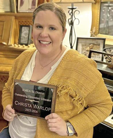 Christa Warlop was chosen as the Outstanding Elementary Educator of the year by SEK KMEA. Walrop has taught music at George Nettels Elementary in Pittsburg for 17 years. To receive the award an instructor must have taught for 10 years. During Warlop’s time at George Nettels, she has had 34 observers or student teachers. Walrop is a graduate of Columbus High School. Her husband is Daniel Warlop. She is the daughter of Michele and the late Jacob Weber of Columbus. Courtesy photo.