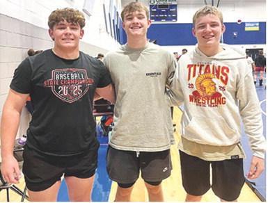 Columbus Titan Wrestlers, Kash Smith, Mason O’Banion, and Chase Pelt, were at Gardner Edgerton High School over the weekend to wrestle in the Summer Scuffle Dual Tournament. Mason swept his weight class with a nine wins, Kash had eight wins and one loss, and Chase finished with a 5-4 record. Courtesy photo.