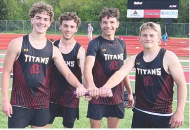 The Titan 4x200 Meter Relay helped add a new mark to the Columbus Unified High School Record Books with their fourth place finish in the Carl Junction, Mo. Track and Field Meet, Friday. Cole Howard, Levi Simpson, Drake Laurance, and Braun Stone added their names to the history of CUHS Track and Field as the first to post a time in the event. Courtesy photo.