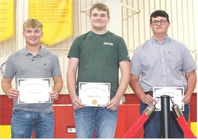 Seniors, Syler Schuberger, Brodey Allison, and Brody Westervelt earned multiple technical certificates through their studies at Coffeyville Community College Technical School while completing their high school coursework. Their certificates were awarded during the Senior Assembly, May 16, at the CUHS Gymnasium. Not pictured, Johnny Perry.