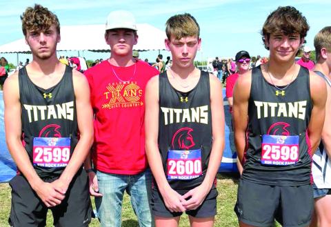 Columbus Titan Cross Country Runners, Levi Simpson, Dane Merrick, Carter Woodcock, and Drake Laurance made the trip to Lawrence, Saturday for the Rim Rock Farm 5K Classic. While Merrick accompanied his teammates, he did not compete in this race. Courtesy photo.