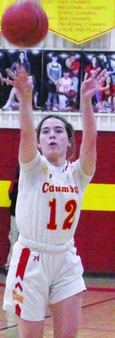 Junior, Ava Harman, shoots for two uncontested in the Lady Titan’s Friday night win over Galena, 4638, in Columbus.
