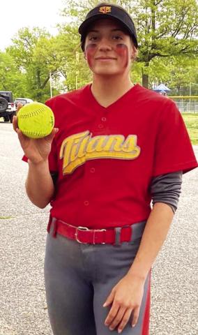 Lady Titan Senior, Aubree Saporito, pitched a nohitter, Monday, in a shut out, 15-0, win at Pittsburg against St. Mary’s-Colgan. In the three-inning, runrule, game, Aubree threw seven strike outs with no walks and no hits facing ten batters. The Crowder College signee has seven wins in eight starts with a 2.355 ERA. Courtesy Photo.