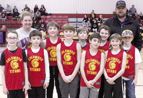 The Columbus Recreation League Fourth Grade Titans were introduced February 11 during the CUHS Titan Basketball home games at the high school gymnasium. Team members are: Kamden Sallee, Jaxsyn Robinson, Westin Patton, Wyatt Patton, Bryson Delmont, Carter Long, Gus Garrison, Phoenix Rider, and Lee Snow. The team is coached by Robynn Snow and Zack Robinson.