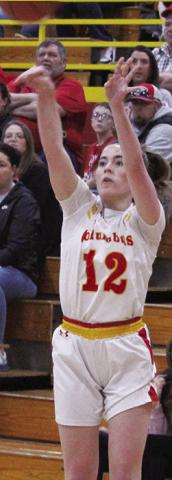 Lady Titan Senior, Ava Harman, shoots for three in the 41-51, Senior Night loss to Frontenac, Tuesday, at the Columbus Unified High School Gymnasium. The game was the regular season finale for the team.