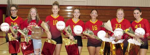 The Columbus Lady Titan Volleyball Team ended their season at the Kansas Class 3A, Regional 2 Tournament, Monday in Girard. Senior members of the team were recognized recently at a team senior night and will be introduced at the All-School Fall Activities Senior Night tonight at 6:30 p.m. prior to the home football game against Parsons. Kickoff is at 7 p.m. Volleyball seniors are Destynne Goff, Chloe Rogers, Ruby Stover, Torey Tedlock, Katy Mooney, Madisen Rand, and Carlotta Galasso.