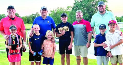 The Columbus Junior Golf Program hosted a Youth/Adult Scramble format tournament with 20 teams, competing for trophies and prizes. Winners in the B Flight were Sophia and Larry McReynolds. Bode and Jacob Saiz took third place as brother Cal cheered them on. Easton and Nathan Long finished in fourth place and Kamden, Kasen, Adam Sallee placed second. The tournament was held August 10 at the Brush Creek Golf Course to close out the Junior Golf Program’s season. Courtesy Photo.