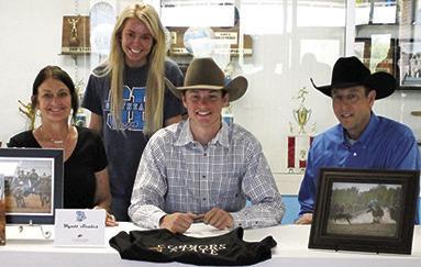 Wyatt Scales, Southeast Senior, signed a letter of intent to compete at the next level with the Connors State College Rodeo Team. Witnessing the signing at Southeast High School are his parents, Shandi and Mark Scales and sister, Amber Scales. Courtesy Photo.