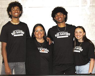 Jamey Richardson, Riverton Ram Senior, has signed a letter to continue his basketball career at Coffeyville Community College this fall. Jamey’s family, Terryk Richardson, Jennifer Edwards, and girlfriend, Laibrey Higinbotham were present at the recent signing at Riverton High School. Courtesy Photo.