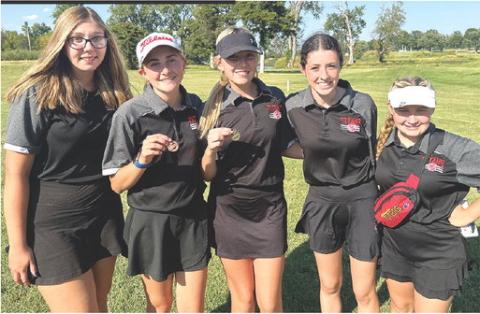 The Columbus Lady Titans travelled to Chanute, Monday, to face their rival, Caney Valley, and five SEK League Schools. Senior, Reese Grundy, came away with the first place medal and junior, Mallory Thompson collected a medal in ninth place to help the Columbus Team finish in fifth place overall in a strong field of lady golfers. Courtesy photo.