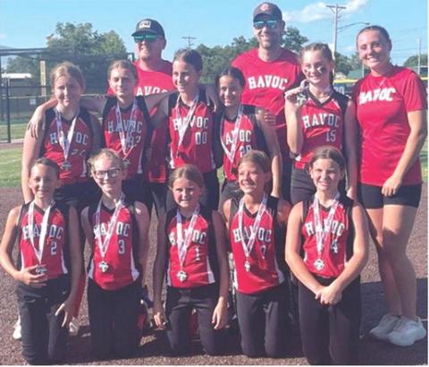 A Columbus Girls Softball Team, the Havoc, took second place in a one-day tournament Saturday in Chanute. The girls played four games and received medals for their runner-up finish in the 12U division. Team members are front row: Olivia Dainty, Reagan Holmes, Gracyn Carter, Lakynn Burton, and Alaina Smiley. Back row: Evelyn Smith, Paizley Buergin, Kinsley Hess, Kayelynn Adoremos, and Brynlee Schalk. Coaches for the team are: Donny Carter, Steven Burton, and Katie Simpson. Courtesy photo.