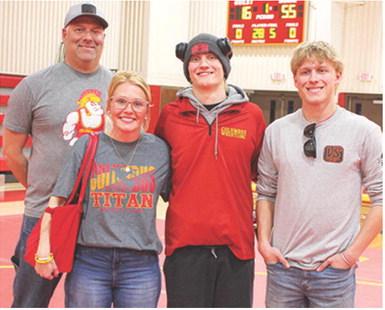 Titan Senior, Cal Saporito, was recognized during a, 55-16, dual win over Chanute, Tuesday night at CUHS Gymnasium. Cal won his match by forfeit. His parents Clint and Angie Saportio and brother Cade were on hand for the dual.