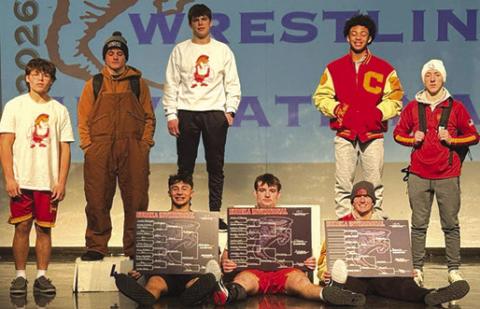 The Titan Wrestling Team, smaller in numbers due to illness, took fifth place at the 32nd Annual Eureka tournament. Front row: Senior, Jayden Rodriguez, junior, Mason O’Banion, and senior, Cal Saporito paced the team and won their weight classes. Back row: Gabe Robison; Braun Stone, fifth; Shade Schuberger, second; Kai Langerot, fifth; and Denver Hughes, fifth. Courtesy photo.