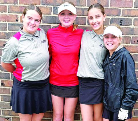 Lady Titan Eighth Graders, Fallon Smiley, Cali Carpino, and Addison Johnson and seventh grader, Tyler Kirk are leading the way for the Columbus Junior High Golf Team this season. Courtesy photo.