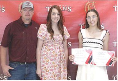 Torey Tedlock received the Athena McColm Memorial and the Charles McColm Memorial Scholarships in the amount of $500 each during the 2025 Senior Assembly at the Columbus Unified High School Gymnasium, May 16. Jake and Jessie Cain presented the awards.