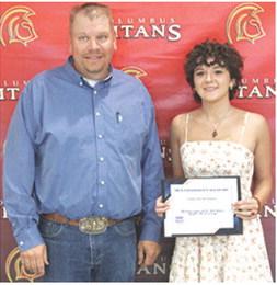Emma Duling received a FFA Alumni, the Willie Benedict Memorial, and the Raymond Mitchell Scholarships in the amount of $500 each from CUHS Ag Instructor, KC Youngblood, at the Senior Assembly May 16, in the high school gymnasium.