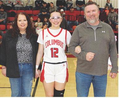 Lady Titan Senior, Torey Tedlock, was recognized during Senior Night Ceremonies, February 21, at the Columbus Unified High School Gymnasium. Torey is a four-year member of the Lady Titan Basketball Team. She was escorted by her parents, Tiara and Corey Tedlock.