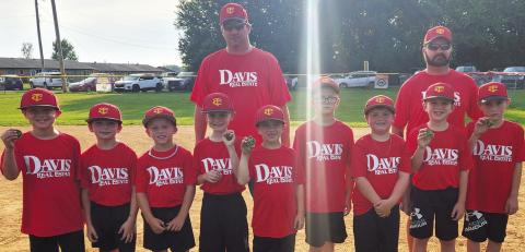Members of the Davis Real Estate 8U Coach Pitch Team collected their third place medals at the Columbus Cal Ripken League Closing Ceremony, June 27, at the Community Field Ball Park. Team members include Gus Garrison, Kayson Kessinger, Baylor Bowman, Connor Crain, Luke Bell, Kolt Carter, Kasey Rowe, Colt Crain, and Brady Hale. Coaches for the team are Craig Hale and JJ Carter. Coach Shawn Rowe and players David Gilliam and Kamden Sallee were not present for the ceremony. Courtesy Photo.