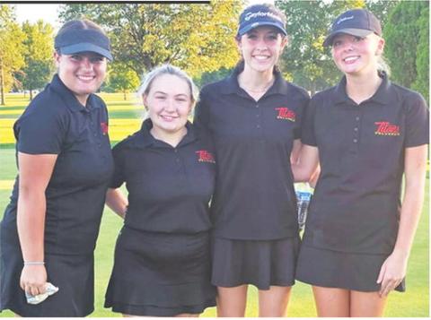 Four Columbus Lady Titans finished in the top ten at the Galena Invitational Golf Tournament to capture the team title at the Schifferdecker Golf Course, Thursday. Right to left, freshmen, Cali Carpino secured her second win of the week to pace the Lady Titans with a round of 82 on the 18-hole, par 71 course. Natalie Wary, junior, placed fifth, Amory Neely, junior, was ninth, and freshman, Fallon Smiley, placed tenth in the field of 35 golfers and a team score of 396 for the win. Courtesy photo.