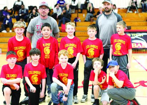 The Columbus Recreation Fourth Grade Boys Basketball Team was introduced during the halftime of the Titan Varsity Boys game against Coffeyville at the CUHS Gymnasium in February. Team members are front row: Mason Worden, Hunter Davis, Beckett Sauerwein, Tucker Siemer, and Cruz Sharp. Back row: Eamon Wilkins, Lucas Haviland, Bode Saiz, Braxton Hayes, and Jaxon Harper. The team is coached by Matt Haviland and Hazen Hale.