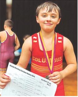 Bearett Bowin placed first in the boys eight and under, 76-88 weight class of the Matside Wrestling Club Tournament, Saturday, in Girard. Courtesy photo.