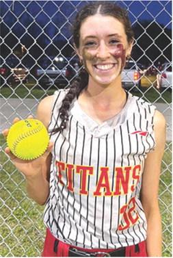 Lady Titan Junior, Natalie Wary, hit a home run in the 14-1 win over Cherryvale, Thursday, in Cherryvale. Teammate, Bentley Townsend, joined in with a long ball over the fence. The pair each doubled collecting four RBIs and three runs for Wary and three RBIs on three hits and one run for Townsend. Courtesy photo.