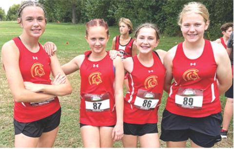 The Columbus Junior High Lady Titan Cross Country Team competed at the Oswego Meet, September 18 at the Oswego Golf Course. Racing for the eighth grade girls team were Sammi Ohmart, first; Hieyla Shelton, fifth; Cora Rider, fourth; and Lydia Wilkins, ninth. The team will host a junior high meet, Tuesday, at the Brush Creek Golf Course in Columbus. The junior high race begins at 3 p.m. Courtesy photo.