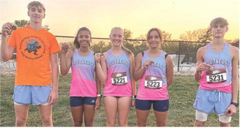 Individual Medalists for the Southeast Lancers in the Cross Country Meet at Jayhawk-Linn, October 10, are: Zayne Gabern, junior; Journee Rimmer, sophomore; Kendyl Renn, junior; Jackie Robinson, sophomore; and Tucker Sutton, freshman. Gabern and Renn placed tenth in the TRL Meet, Thursday, to capture All-League honors. Courtesy photo.