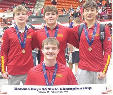 Four Titans placed in the top six at the Kansas Boys Class 4A State Wrestling Championship Tournament to help the Columbus Team to a sixth place team finish. Junior, Mason O’Banion, (front) is the first state champion for the Titans in 11 seasons. Sophomore, Chase Pelt placed sixth, sophomore, Kash Smith was second, and senior, Jayden Rodriguez finished in fifth place at the season finale. Photo by Nate Jones.