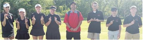 The Columbus Junior High School Golf Team placed third in the Caney Middle School Golf Tournament, Thursday at the Caney Golf Club. Lady Titans, Cali Carpino, Fallon Smiley, and Tyler Kirk place in the top ten individually to pick up two medals at the end of the day. Team members are: Addison Johnson, Tyler Kirk, Cali Carpino, Fallon Smiley, Coach Jerry Smiley, Cooper Grundy, Jax Hale, and Keegan Blackledge. Courtesy photo.