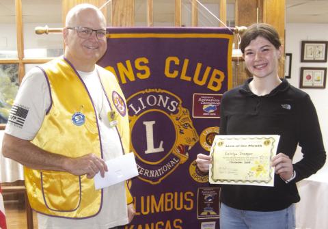 Steve Jameson presented Katelyn Draeger with her Lion of the Month for November certificate at the recent Lions Club meeting.