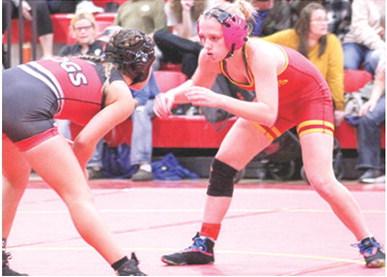 Lady Titan Raelee Engroff earned wins in both her matches, Tuesday, against Parsons and Carl Junction, Mo. she had a win by fall in her match Monday in Columbus wrestling action at the CUHS Gymnasium.