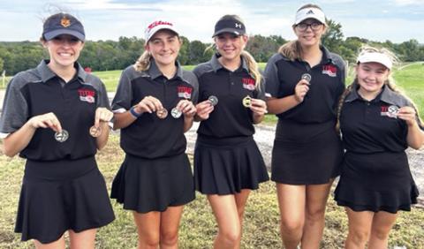 The Lady Titan Golf Team wrapped up their regular season at the Baxter Springs Invitational, Tuesday, taking second in the team standings behind St. Mary’s-Colgan. Lady Titan Junior, Mallory Thompson, placed fourth and freshman, Natalie Wary, placed sixth to finish in the top ten individually. Team members are Natalie Wary, Mallory Thompson, Reese Grundy, Anna Head, and Amory Neely. Courtesy Photo.