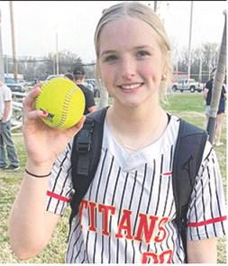 Lady Titan Sophomore, Landrey Perry, hit the first home run of the season for the Columbus Junior Varsity Team in the first inning against Prairie View, March 27, at the Columbus Community Ballpark. Landrey had two singles, a double and a walk in the two-game sweep over the Lady Buffalo. Courtesy photo.