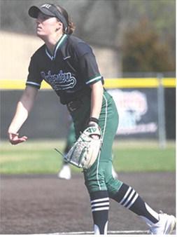 Left: Aubree Saporito, Columbus Unified High School Class of 2023, pitching for Northern State University during games at Emporia State University. Courtesy photo. 