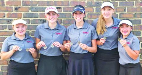 The Columbus Lady Titan Golf Team placed second in the Frontenac Varsity Invitational, Monday, continuing as a top-two team through their first three tournaments. Amory Neely (ninth), sophomore; Mallory Thompson (third), senior; Natalie Wary (seventh), sophomore; Anna Head (tenth), senior; and Hannah Noel (19th), sophomore, teamed up for 352 strokes on the 18-hole course. Courtesy photo.
