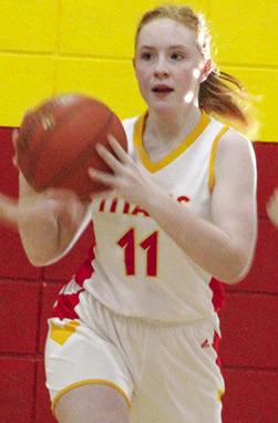 Mollie Sauerwein, Lady Titan Seventh Grader, looks to pass up-court after getting a steal in early season games at the CUHS Gymnasium.