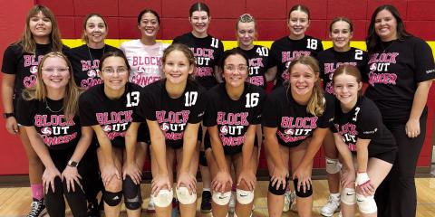 The Lady Titan Volleyball Team hosted Chetopa and Galena for a “Block Out Cancer” night, Thursday, at the CUHS Gym. Team members are front row: Chloe Rogers, manager, Torey Tedlock, Ruby Stover, Katy Mooney, Morgan Richards, and Bentley Townsend. Back row: Mackenzie Richards, manager, Lady Titan Head Coach, Ryan Lacen, Trinity Adoramos, Katelyn Draeger, Kensley Blackledge, Trinity Green, Tatum Kirk, and Lady Titan Assistant Coach Sydnee Spear.