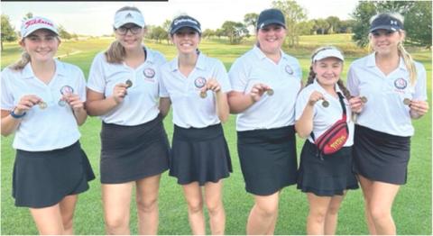 The Columbus Lady Titans and senior, Reese Grundy, earned first place at the Frontenac Invitational Golf Tournament in Erie, Tuesday. Junior, Mallory Thompson, tied Grundy in first place with 94 strokes but lost the tie breaker. The Lady Titans are nearing the end of regular season and preparing for post season tournament play. Team members are: Mallory Thompson, Anna Head, Natalie Wary, Jaiden Campbell, Amory Neely, and Reese Grundy. Courtesy Photo.